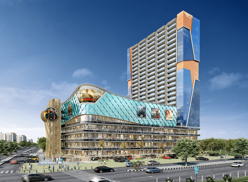 A commercial building with shops, offices, and restaurants._brandestate.in