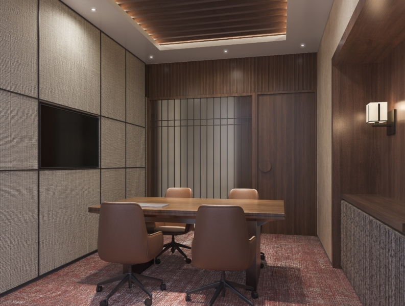 Image of N0E Meeting Room with modern furniture and large windows overlooking greenery._brandestate.in